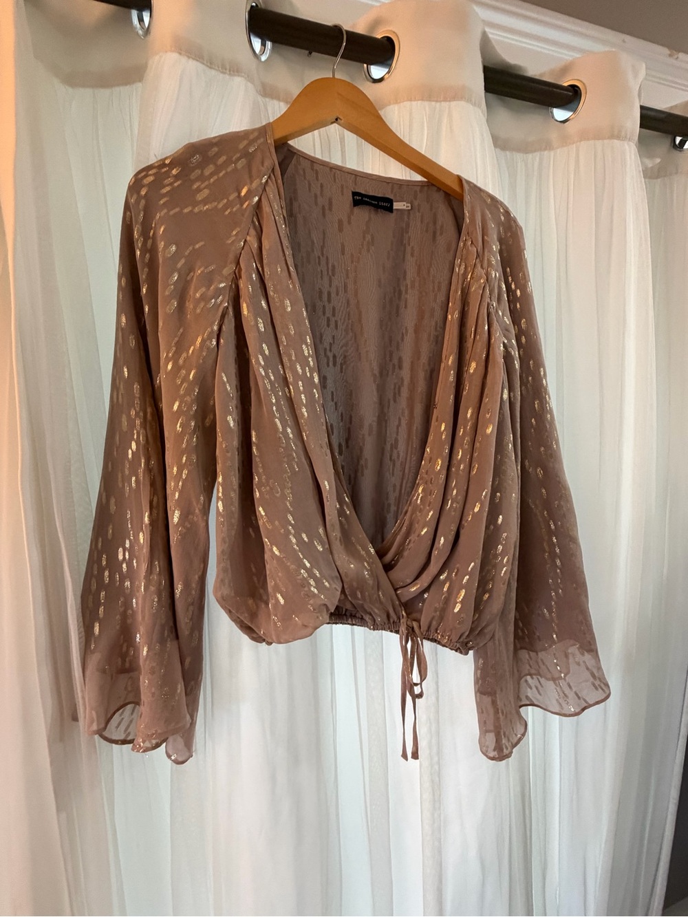 Metallic Dot Wrap Blouse in Taupe with Gold Accents